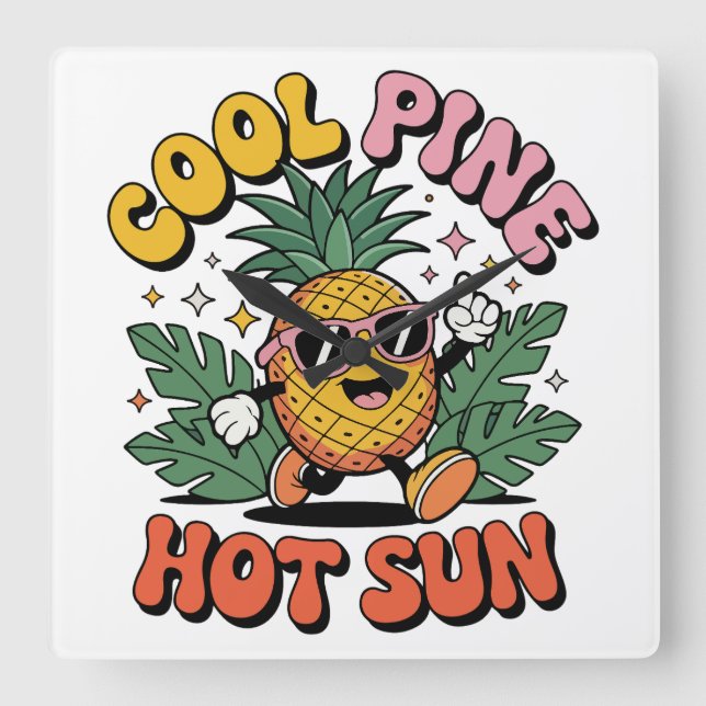 Horloge Carrée Cool Pine Hot Sun Retro Pineapple Summer Vibes (Recto)