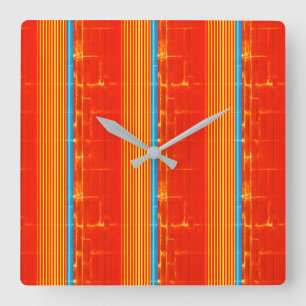 Horloge Carrée Cool Rustic Blue Orange Yellow Stripes rouges