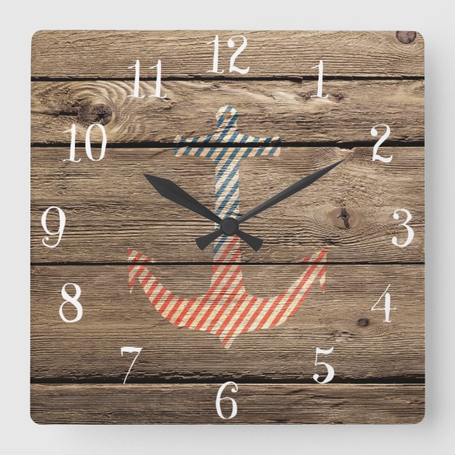 Horloge Carrée Copie en bois rustique de photo d'Ancre de rayures (Recto)