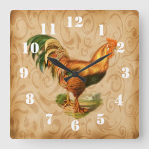 Horloge Carrée Coq de campagne rustique cuisine ornée