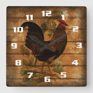 Horloge Carrée Coq De Pays vintage Sur Bois Rustique