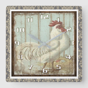 Horloge Carrée Coq vintage sur un panneau de bois rustique orné