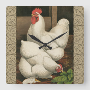 Horloge Carrée Coqs et poule en dehors de Chambre de poule avec