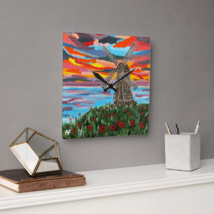 Horloge Carrée Coquelicots près du moulin à vent Peinture d'Alfre