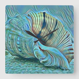 Horloge Carrée Coquillages bleu vert sur le tableau de la plage