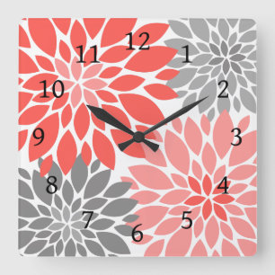 Horloge Carrée Coral and Gray Chrysanthemums Floral Pattern