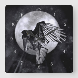 Horloge Carrée Corbeau ou corneille volante et lune gothique