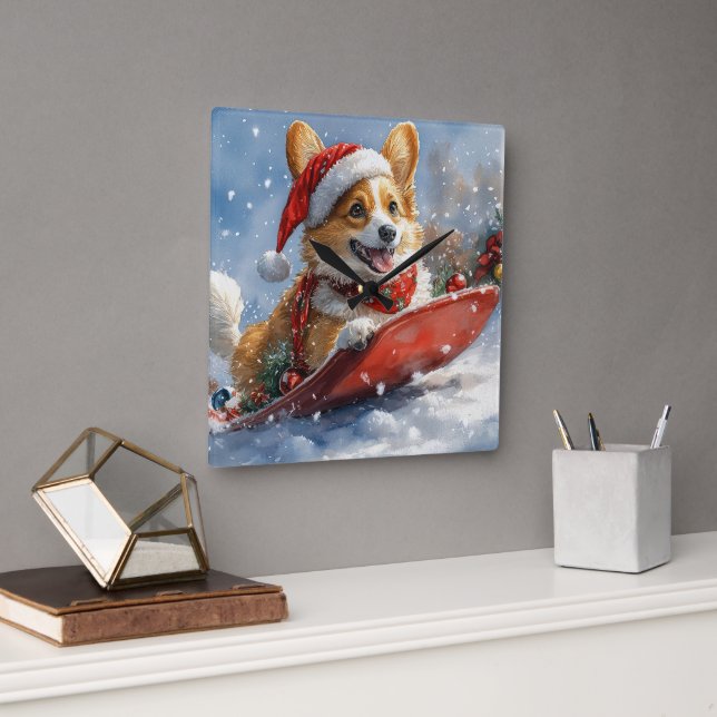 Horloge Carrée Corgi Dog in Sledge laissez passer Noël (Bureau)