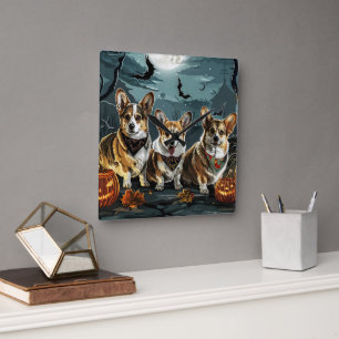 Horloge Carrée Corgi Halloween Éffrayant