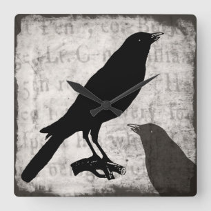 Horloge Carrée Corneille d'oiseaux customisée par collage vintag