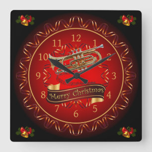 Horloge Carrée Cornet ~ Joyeux Noël ~ Maroon & Noir ~