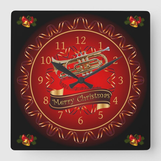 Horloge Carrée Cornet ~ Joyeux Noël ~ Maroon & Noir ~ (Recto)