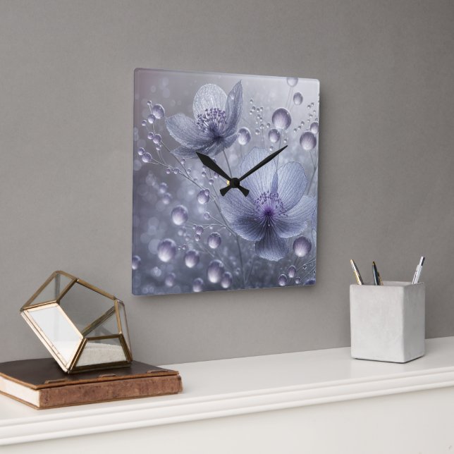 Horloge Carrée Cosmos violet et gouttes de ragoût (Bureau)