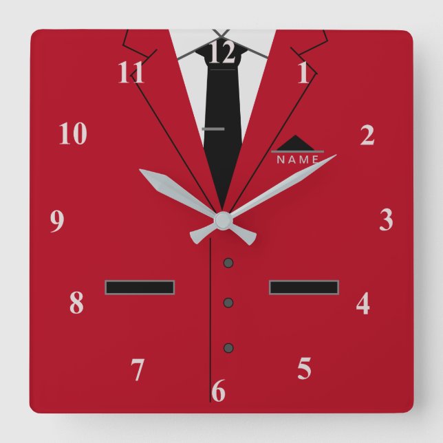 Horloge Carrée Costume rouge et cravate noire - Ajouter votre nom (Recto)