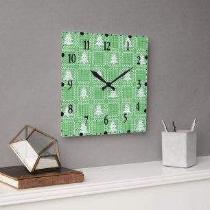 Horloge Carrée Cosy sapin de Noël affreux pull à damiers motif