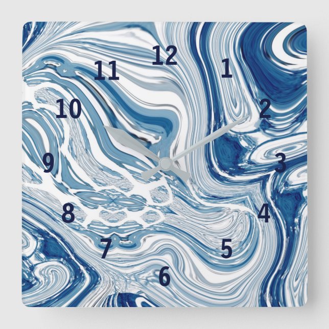 Horloge Carrée côte plage nautique vagues aquarelle bleu tourbill (Recto)