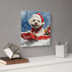 Horloge Carrée Coton De Tulear en Luge Laissez tomber la neige No