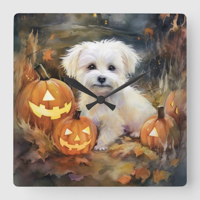 Horloge Carrée Coton De Tulear Halloween Avec Peur Citrouille (Recto)