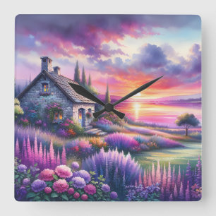 Horloge Carrée Cottage au coucher de soleil pastel Jardin au bord