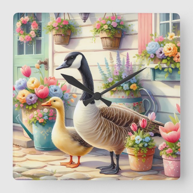 Horloge Carrée Cottage Garden Geese Spring Illustration (Recto)