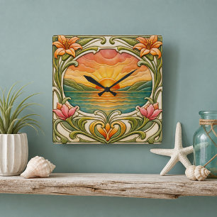 Horloge Carrée Coucher de soleil au bord de la mer avec fleurs de