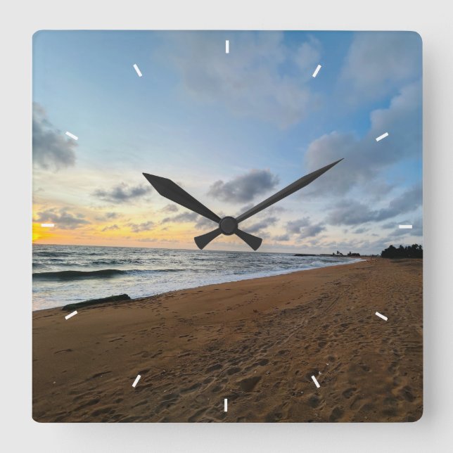 Horloge Carrée Coucher de soleil sur la plage Océan Décor côtier  (Recto)