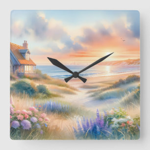 Horloge Carrée Coucher de soleil sur une maison de bord de mer en