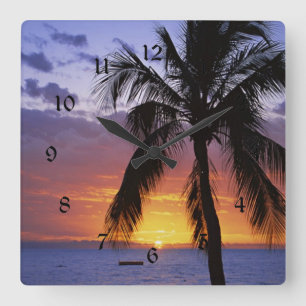 Horloge Carrée Coucher de soleil tropical avec palmier