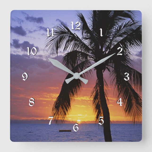 Horloge Carrée Coucher de soleil tropical avec palmier (Recto)