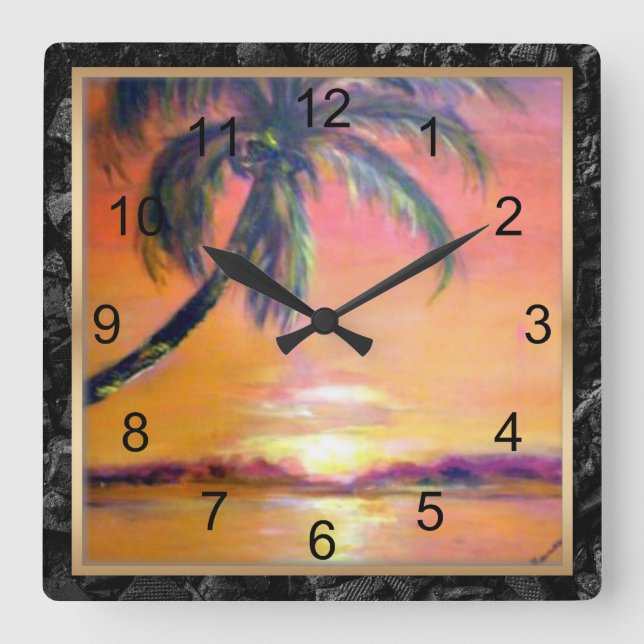 Horloge Carrée Coucher de soleil tropical, peinture d'art (Recto)