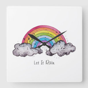 Horloge Carrée Couleur Aquarelle Couleur Arc-En-Ciel Et Nuages