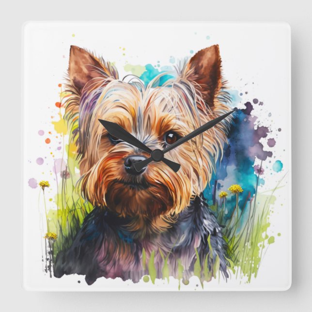 HORLOGE CARRÉE COULEUR D'EAU CUITE YORKSHIRE TERRIER CHIEN (Recto)