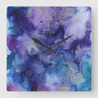 Horloge Carrée Couleurs abstraites violet de peinture bleu gris