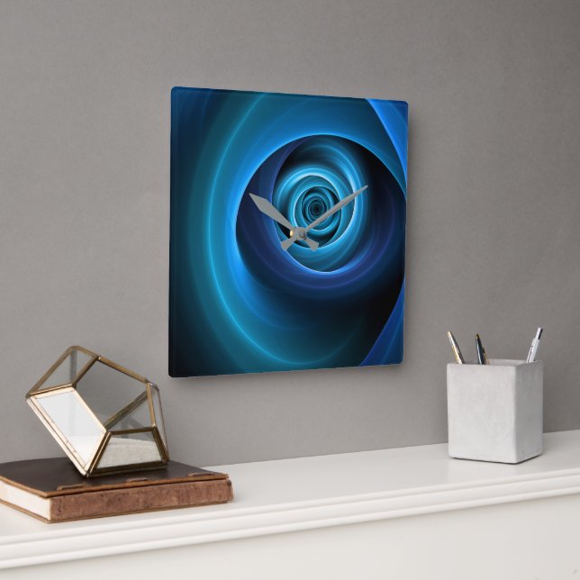 Horloge Carrée Couleurs bleu spirale 3D Art Abstrait fractal mode (Bureau)