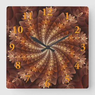 Horloge Carrée Couleurs D'Automne Chaudes, Art Fractal Abstrait M