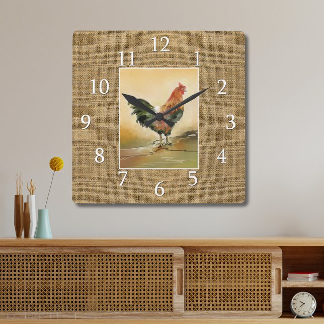 Horloge Carrée Country Farmhouse Rooster Russe Burlap Jute (Créateur téléchargé)