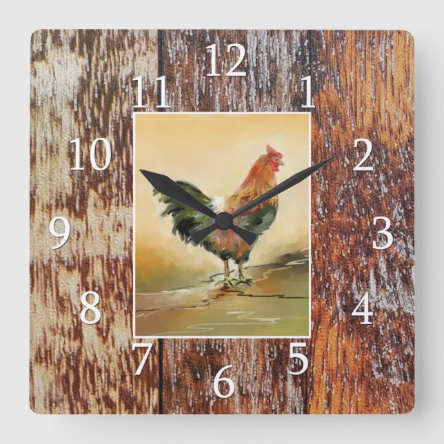 Horloge Carrée Country Kitchen Rooster Rustic Wood Farmhouse (Recto)