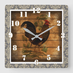 Horloge Carrée Country Rooster Ornate Rustic and Elegant Damask