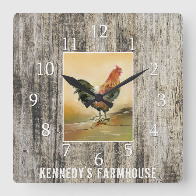 Horloge Carrée Country Rooster Rustic Wood Farmhouse Family (Recto)