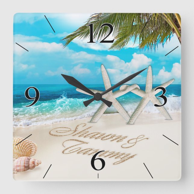 Horloge Carrée Couple d'étoiles de mer de la plage de White Sands (Recto)