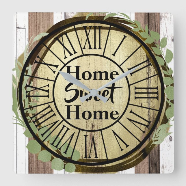 Horloge Carrée Couronne de bienvenue en bois brun et blanc rustiq (Recto)