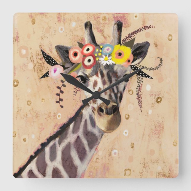 Horloge Carrée Couronne de la girafe | de Klimt des fleurs (Recto)