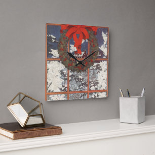 Horloge Carrée Couronne de Noël vintage dans une fenêtre avec nei