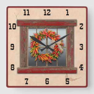 Horloge Carrée Couronne de piment rouge du sud-ouest de la fenêtr