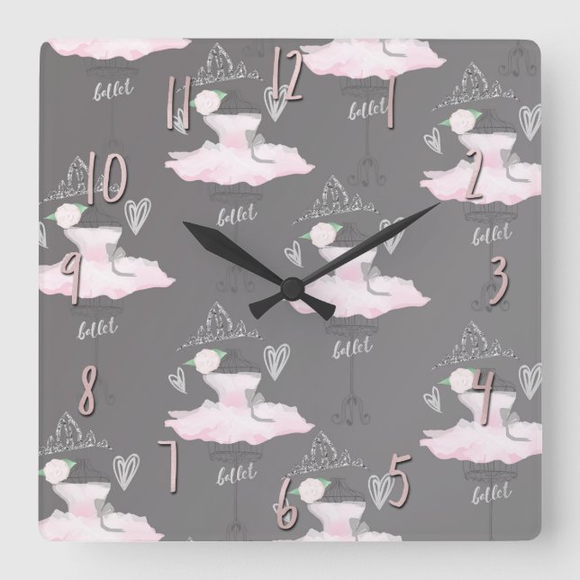 Horloge Carrée Couture rose et gris Ballerina Girls Chambre chamb (Recto)