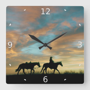 HORLOGE CARRÉE COWBOY AVEC LE CHEVAL