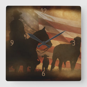 Horloge Carrée Cowboy et Cattle Flag
