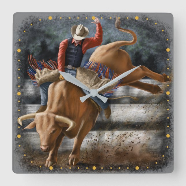 Horloge Carrée Cowboy Rodeo Rider Bucking Bull Thème occidental (Recto)