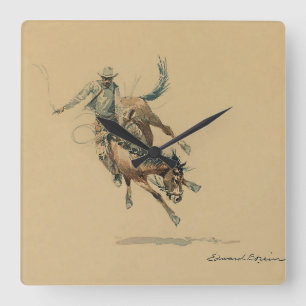 Horloge Carrée Cowboy sur un Bucking Horse #3 par Edward Borein