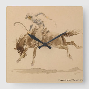 Horloge Carrée Cowboy sur un cheval qui se cabre par Edward Borei